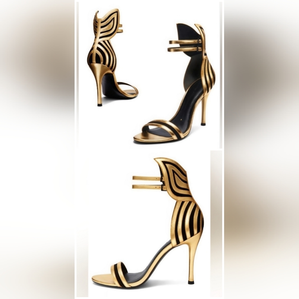 StellaLuna Gold Wings Leather Double Buckle Strap Heel Sandals - Picture 7 of 16